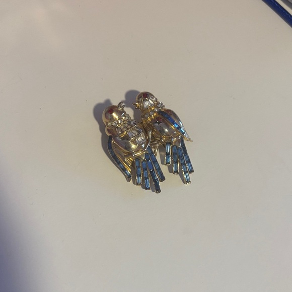 Gold and Blue CoroCraft lovebirds vintage brooch circa 1930’s-1950’s great con